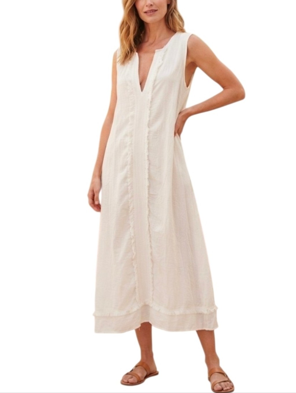 Yi Ting Women's White Sleeveless V-Neck Fringe Trim Maxi Dress Size Xlarge